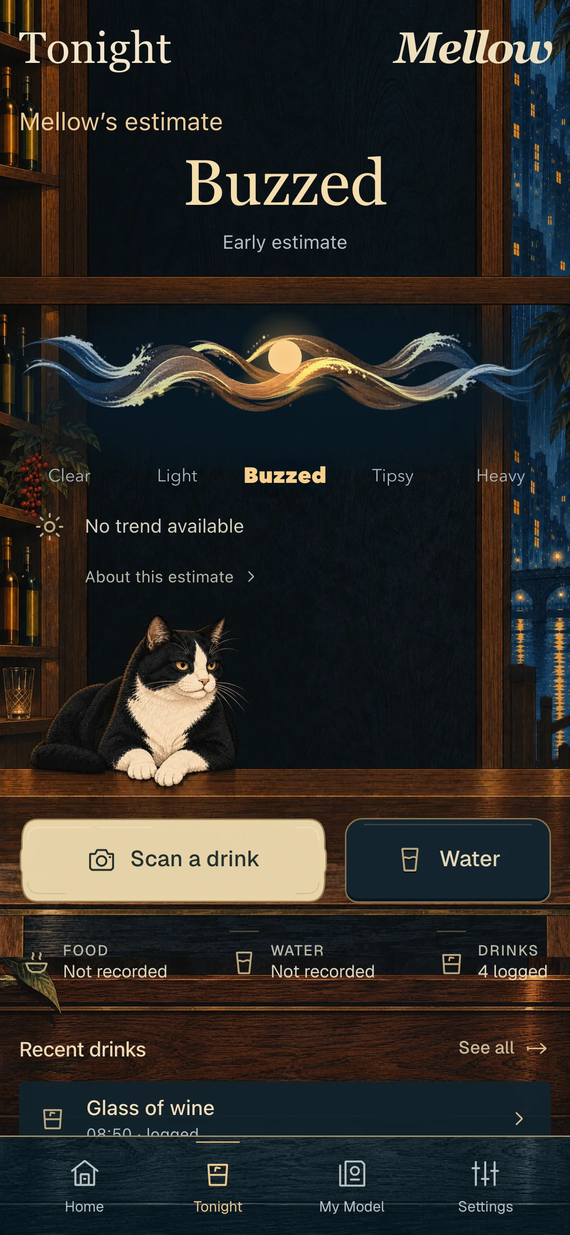 Tonight in Mellow, reading Buzzed. A black-and-white cat sits on the bar counter in front of back-lit bottle shelves and a night window, and the painted Night Tide — Clear, Light, Buzzed, Tipsy, Heavy — runs across the screen with Buzzed lit. Food, Water and Drinks sit above the Scan a drink and Water actions, with recent drinks below.