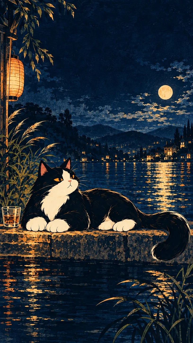 Easy Does It — the Mellow cat stretched long and calm along a riverside terrace counter. This is the app's own Drinking Style illustration for this style, not the shareable card.