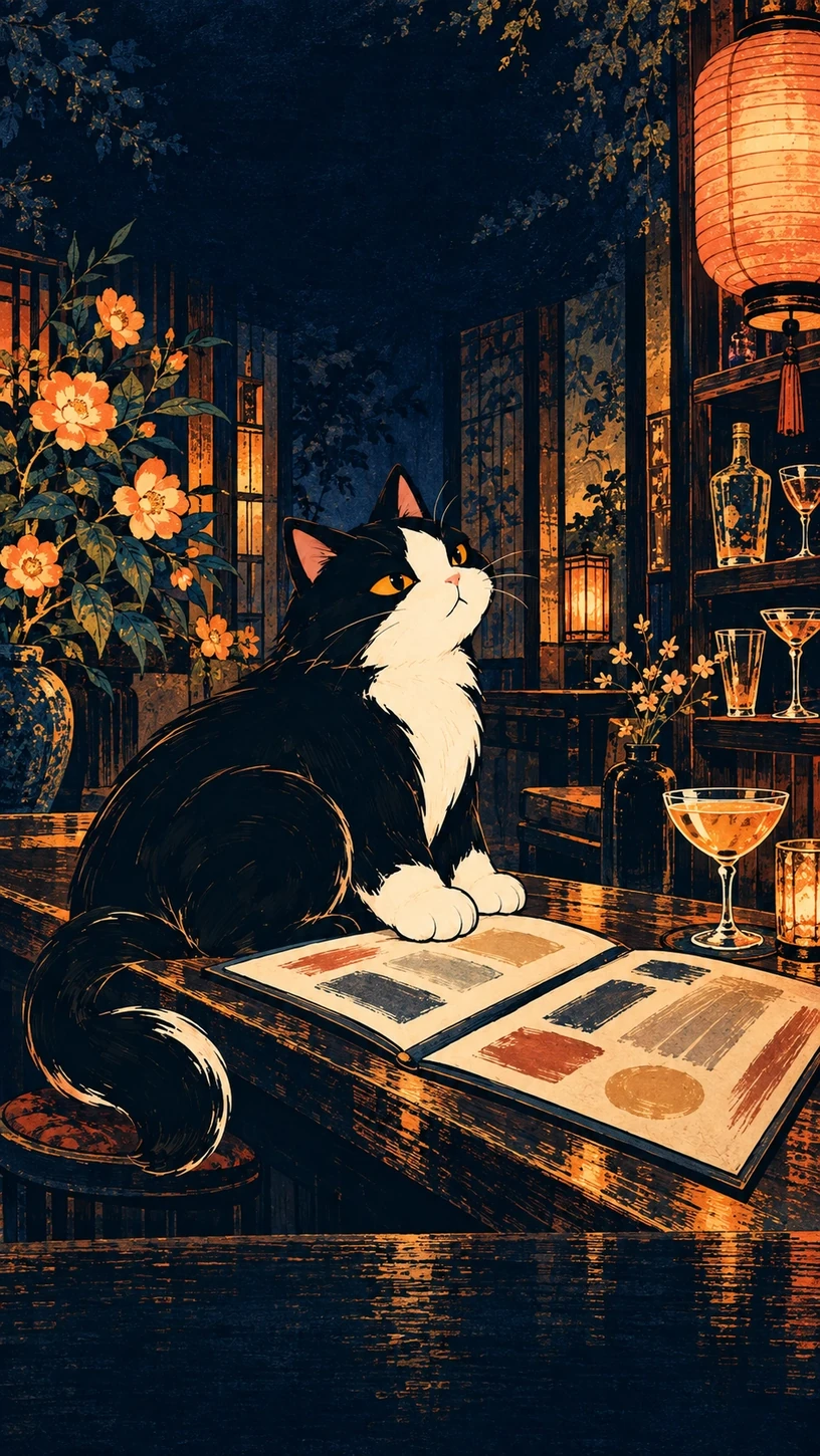 Menu Roamer — the Mellow cat sitting upright beside an open menu, several different glass shapes on the counter. This is the app's own Drinking Style illustration for this style, not the shareable card.