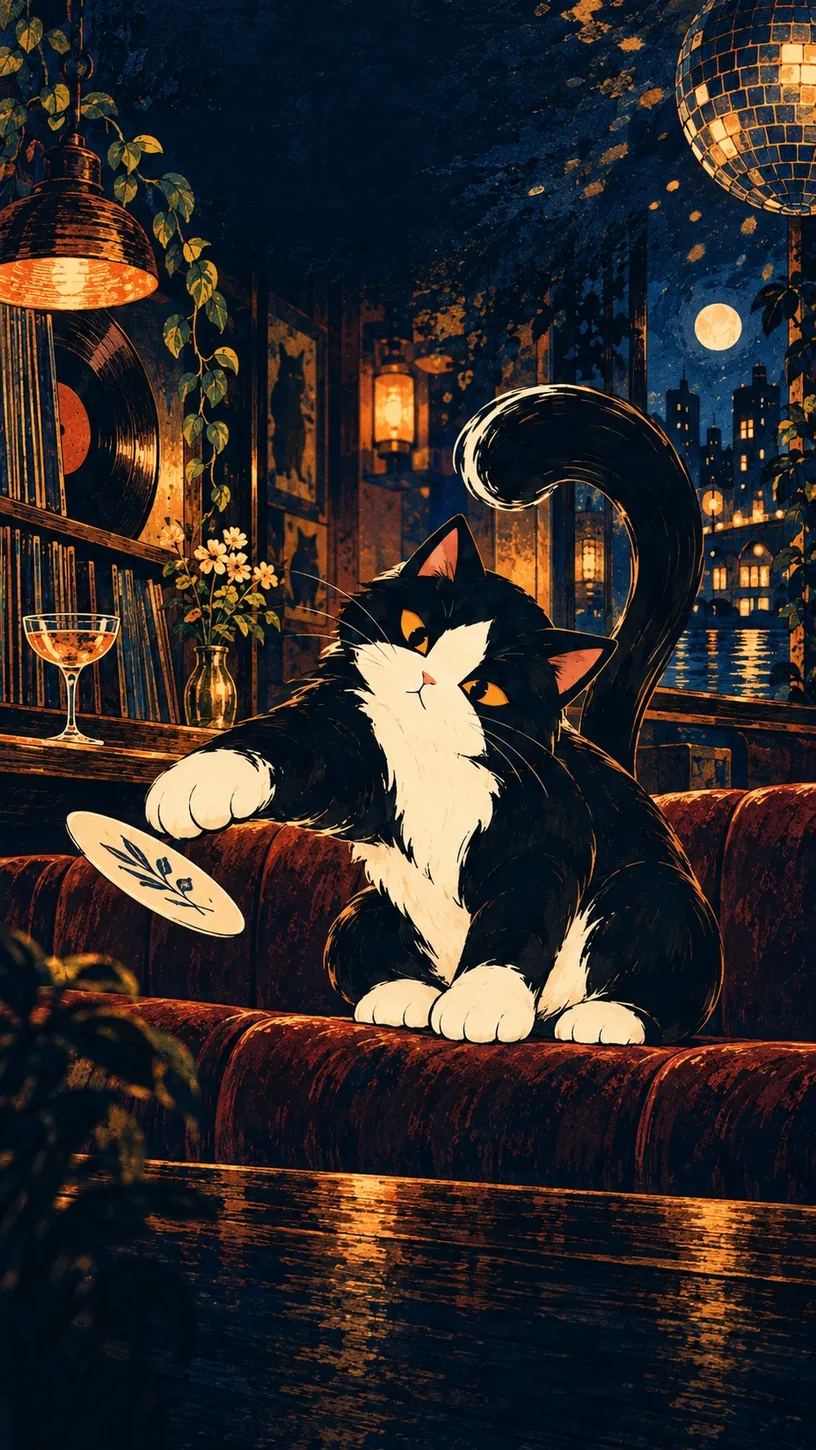 Off Script — the Mellow cat sprawled across a velvet chair at a jaunty angle, a glass tipped over on its side beside it. This is the app's own Drinking Style illustration for this style, not the shareable card.