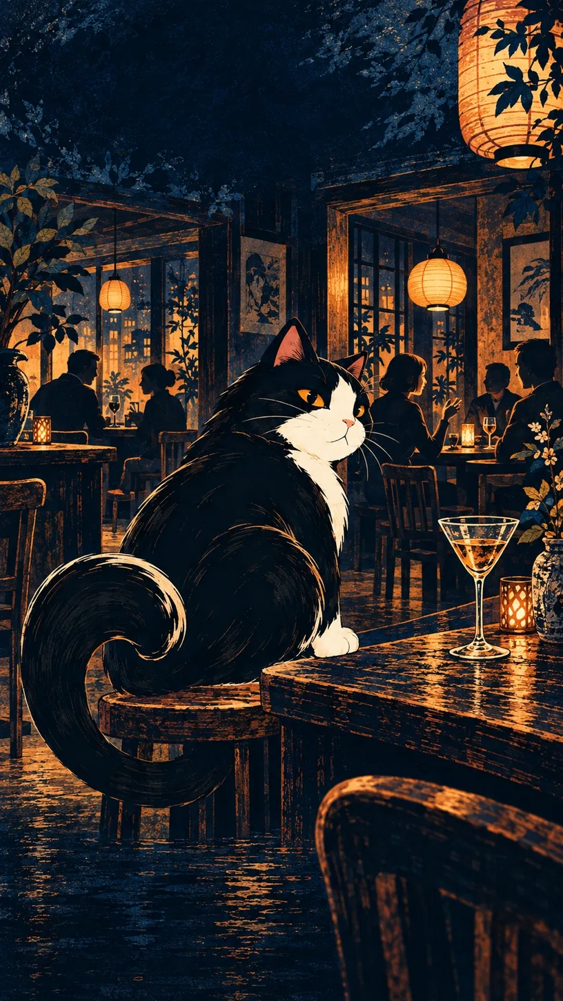 Room Reader — the Mellow cat looking back toward a busy, lamp-lit room. This is the app's own Drinking Style illustration for this style, not the shareable card.