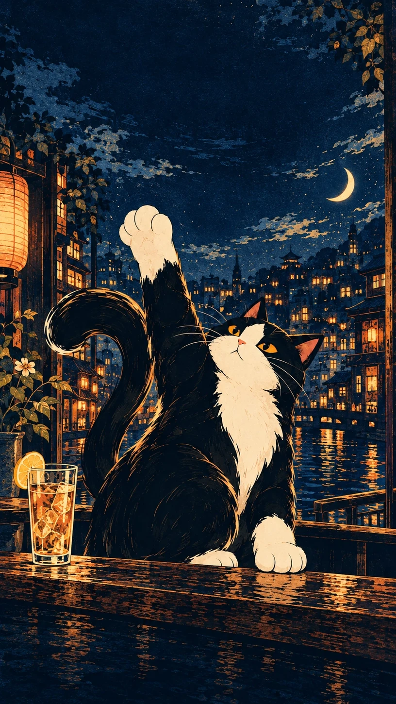 Second Wind — the Mellow cat upright and awake with one paw raised, later in the night. This is the app's own Drinking Style illustration for this style, not the shareable card.
