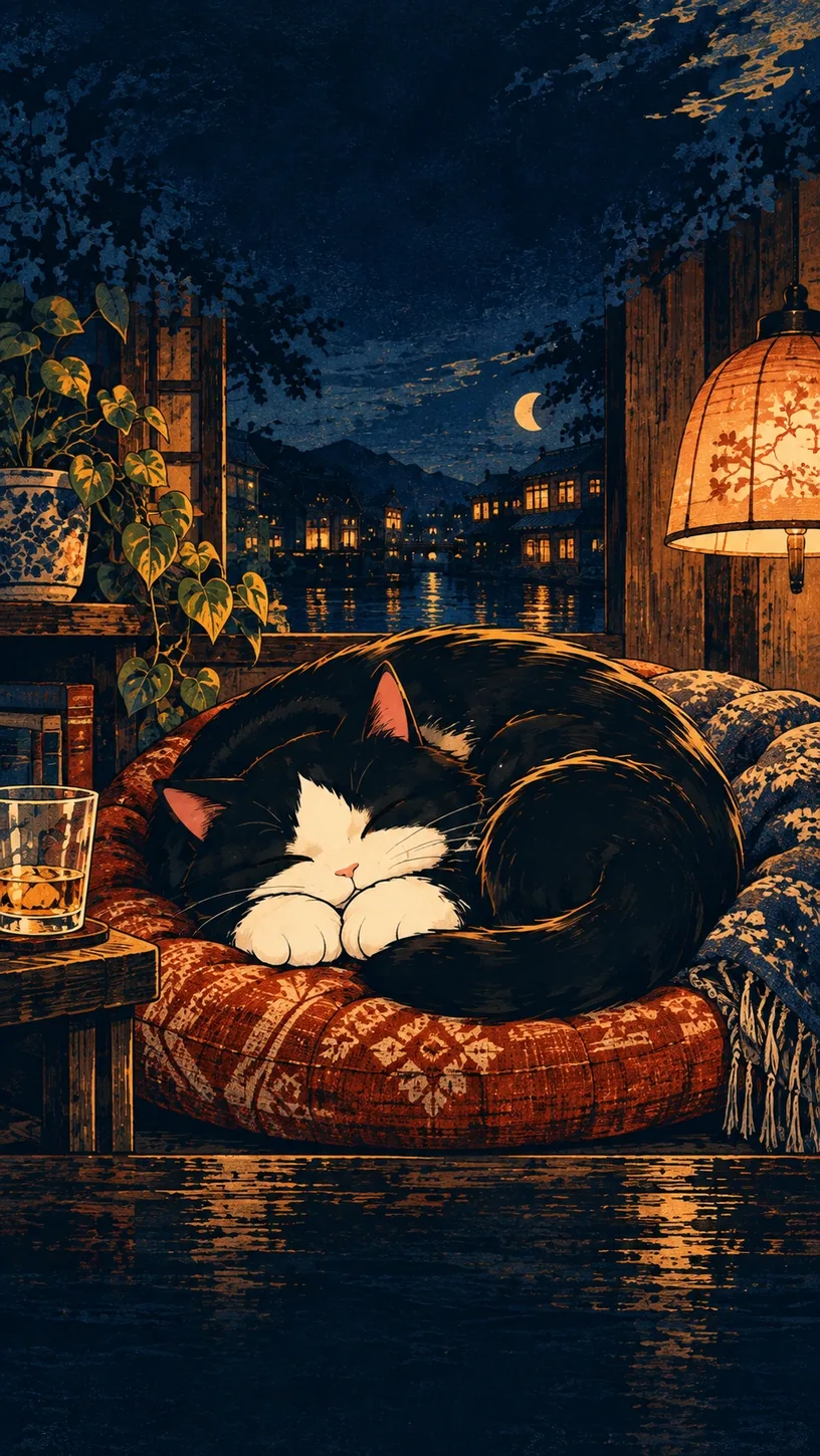 Soft Landing — the Mellow cat curled up asleep with its eyes closed, under low warm light. This is the app's own Drinking Style illustration for this style, not the shareable card.