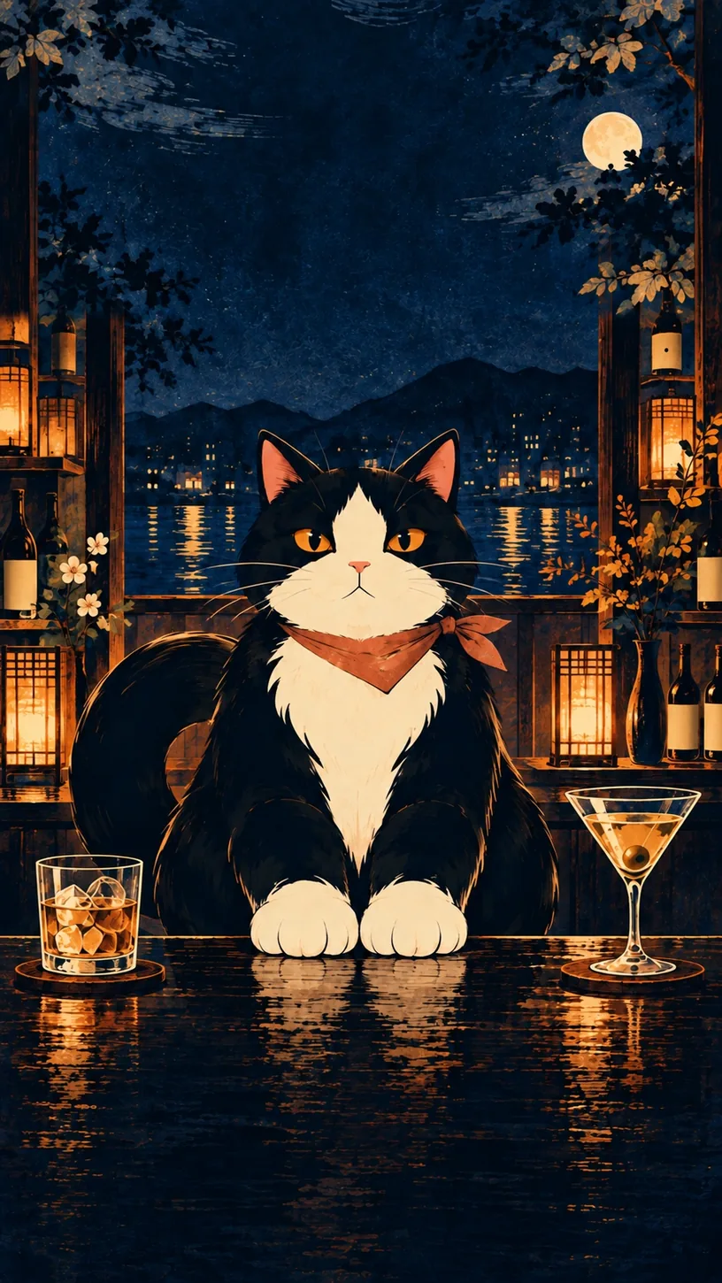 Steady Hand — the Mellow cat sitting centred and composed, balanced between two glass forms. This is the app's own Drinking Style illustration for this style, not the shareable card.