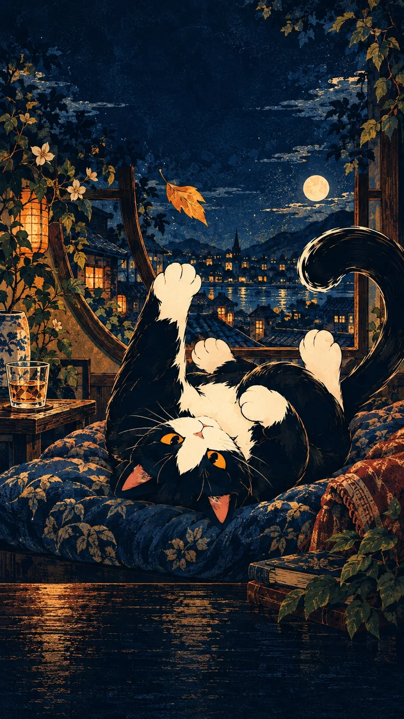 Still Mixing — the Mellow cat in a curious, upside-down pose following a falling leaf. This is the app's own Drinking Style illustration for this style, not the shareable card.