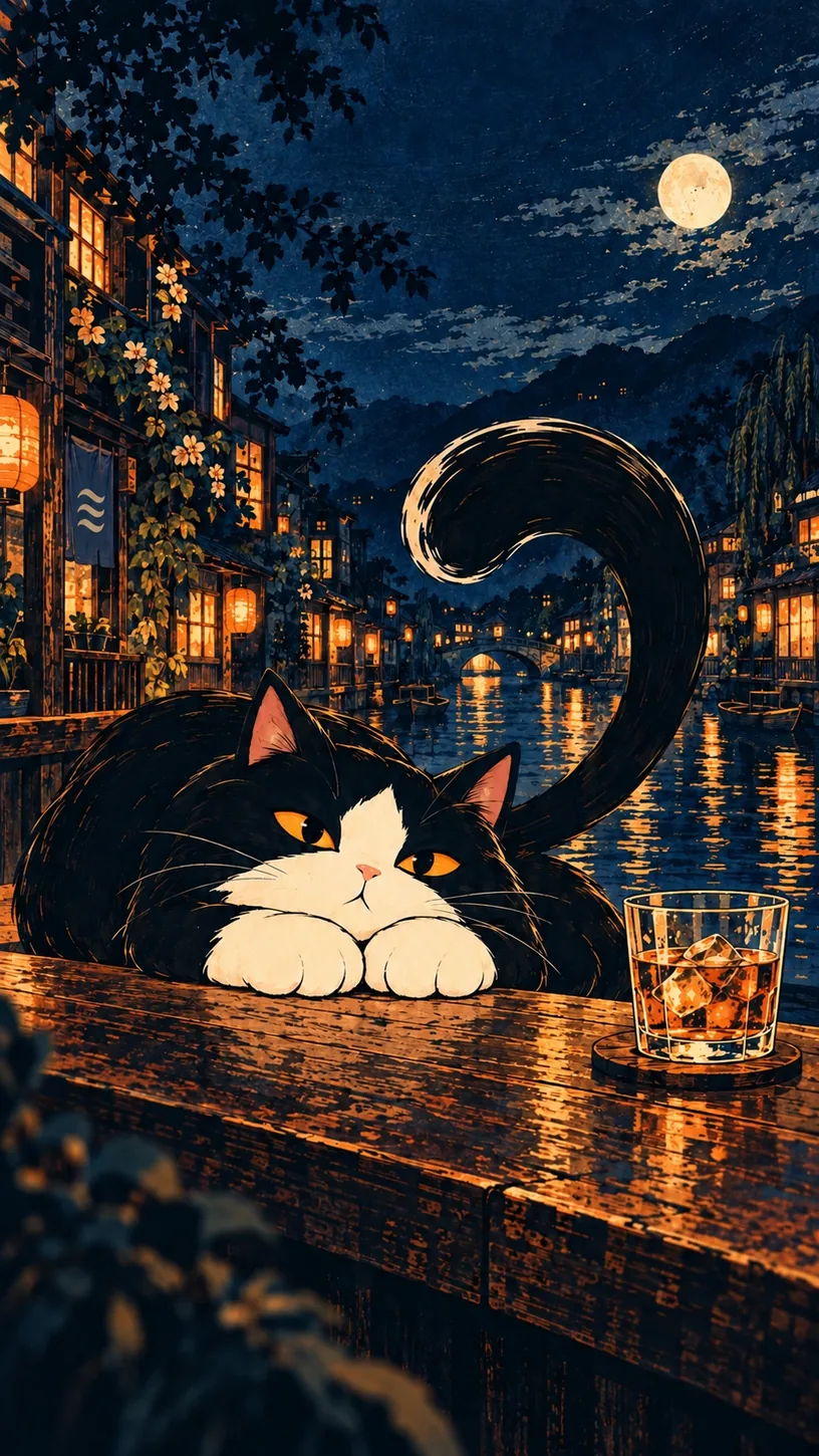 The Usual — the Mellow cat resting its chin on folded cream paws at a canal-side bar, a rocks glass and a moonlit waterway behind. This is the app's own Drinking Style illustration for this style, not the shareable card.