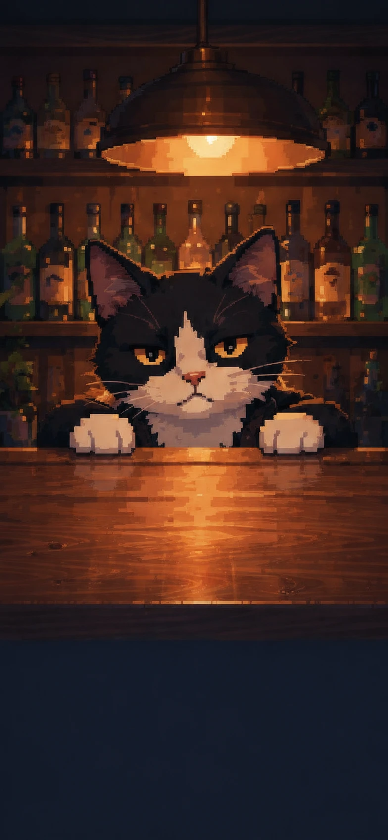 The current Mellow world art: the cat resting its paws on the bar counter under a warm pendant lamp, bottles on the shelf behind.